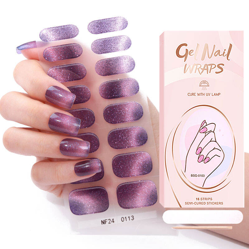 Long Lasting Uv Varnishing Waterproof Non-toxic 16 Strips Purple Nebula Semi Cured Gel Nail Polish Stickers