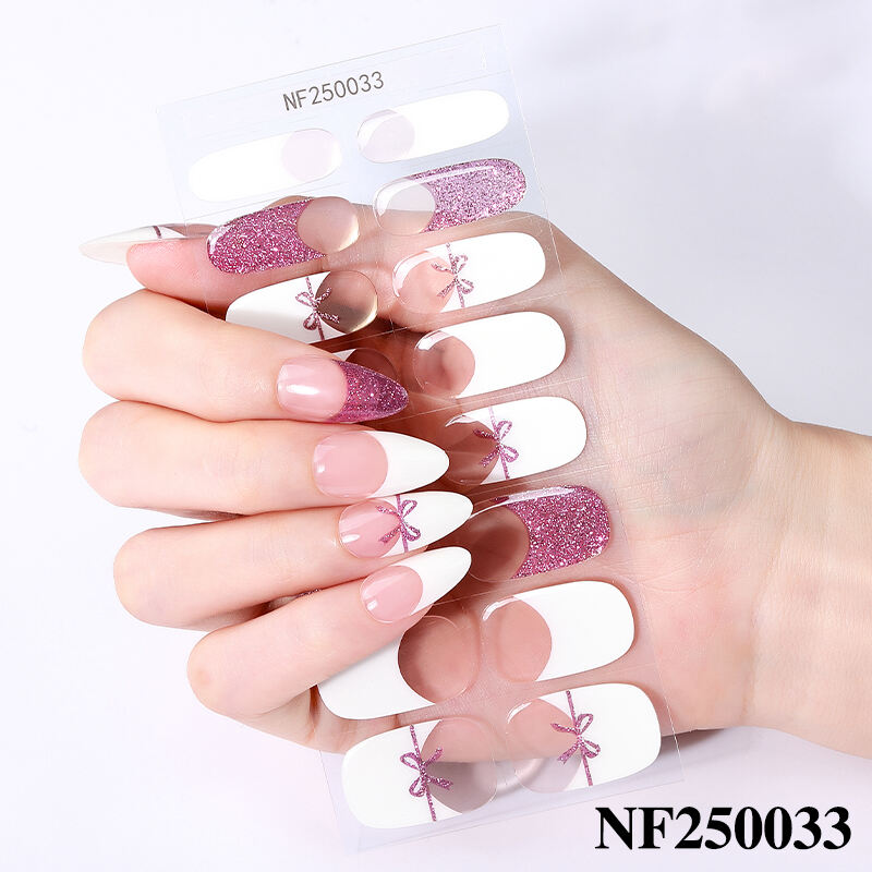 Hot Sale Luxury Design French Glitter 3D Nail Wrap Eco-friendly HEMA-free Long Lasting Bow Semi Cured UV Gel Nail Sticker