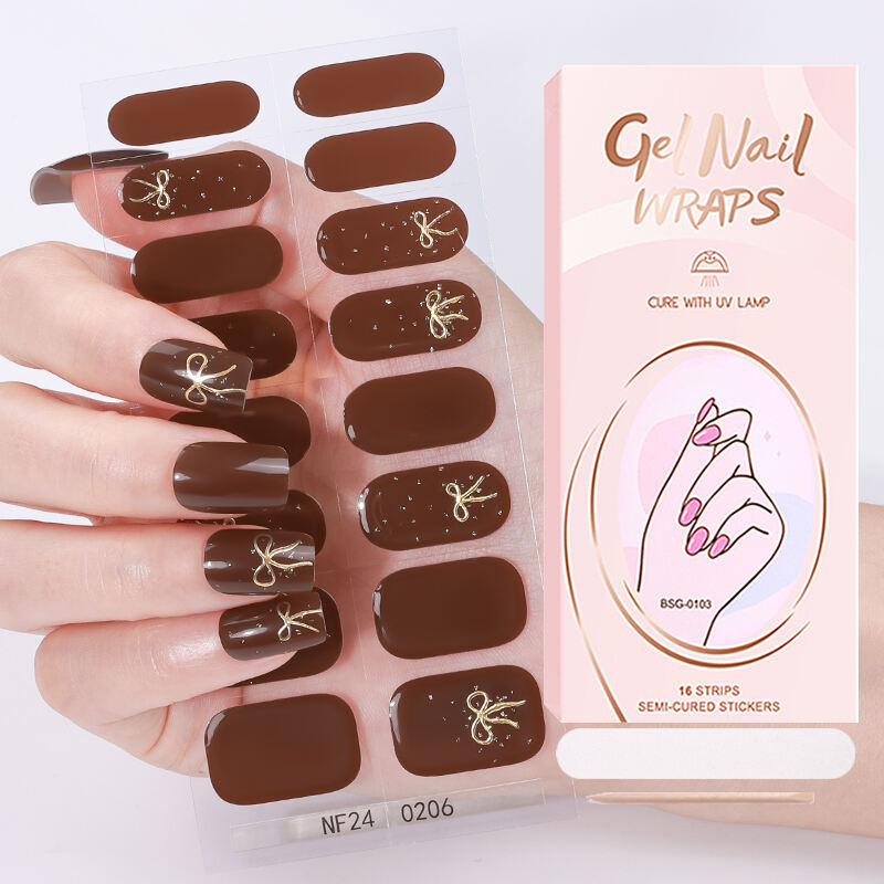 Custom 3D South Korea Style French Gold Foil Stamping Nail Art Wraps Nail Gel Strip UV Lamp Baked Semi Cured Gel Nail Stickers