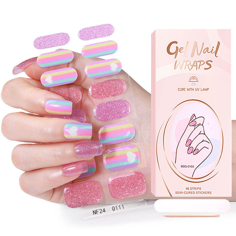 Wholesale Salon Quality French Glitter Powder Gel Nail Strip Nail Wraps Semi-Cured Gel Nail Art Stickers