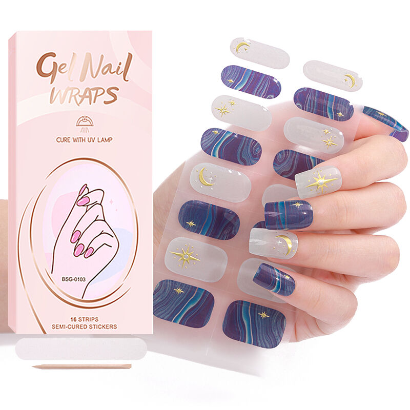 Starry Sky Marble UV Semi-Cured Gel Nail Stickers with Gold Accents