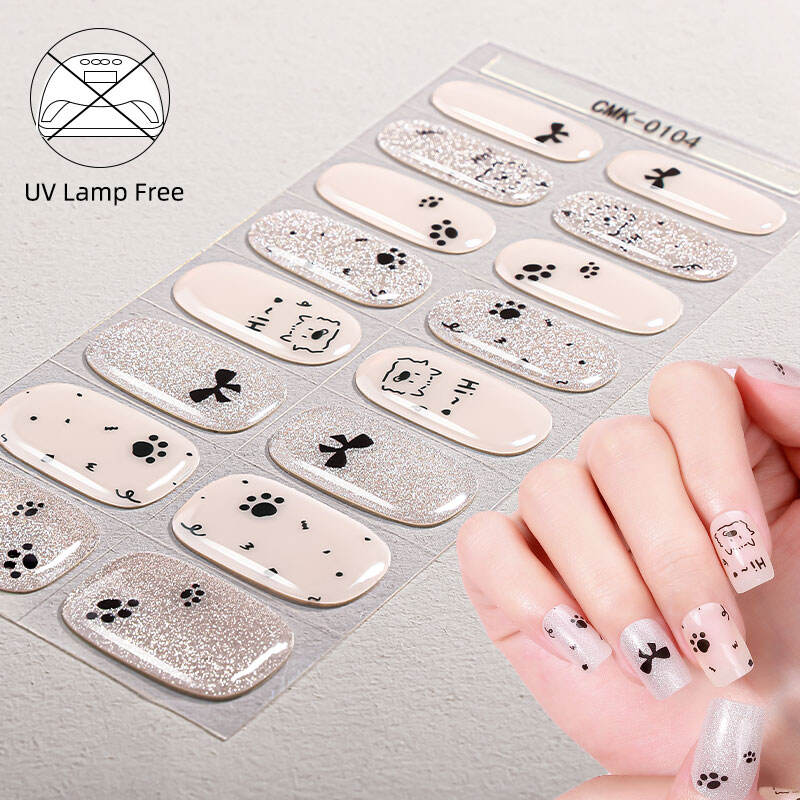 Cute Animal Puppy cat Spot Bow Pattern Design Shiny Sparkle Thick Polish 16 Gel Nail Strips UV Lamp Free Gel Nail Stickers