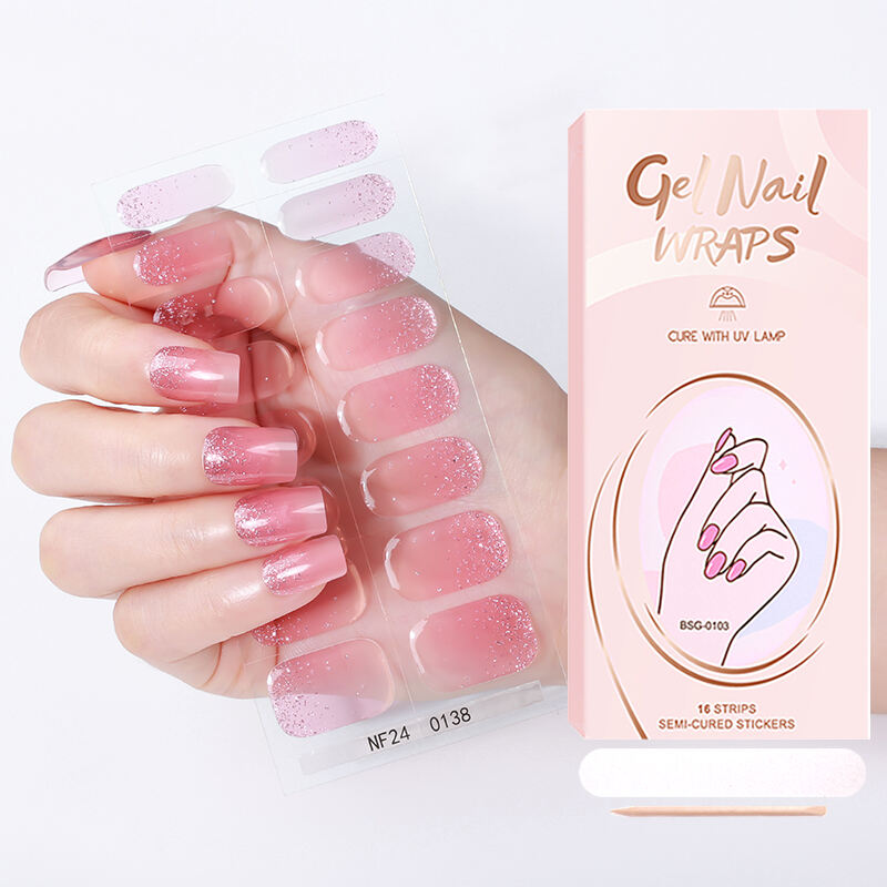 Semi-Cured Bright Red Gel Nail Strip Pair Golden Glitter LED Lamp Drying Package with Nail File Wooden Stick  