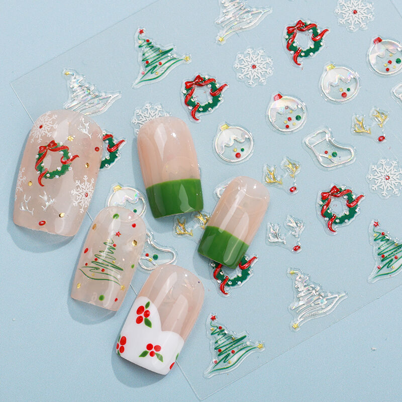 ملصقات أظافر لعيد الميلاد السعيد على شكل ندف ثلج، سلسلة بيضاء، فن تجميل الأظافر، ملصق على شكل ورقة حشيش، ملصق أزهار، ملصقات أظافر كرتونية ثلاثية الأبعاد (5D)