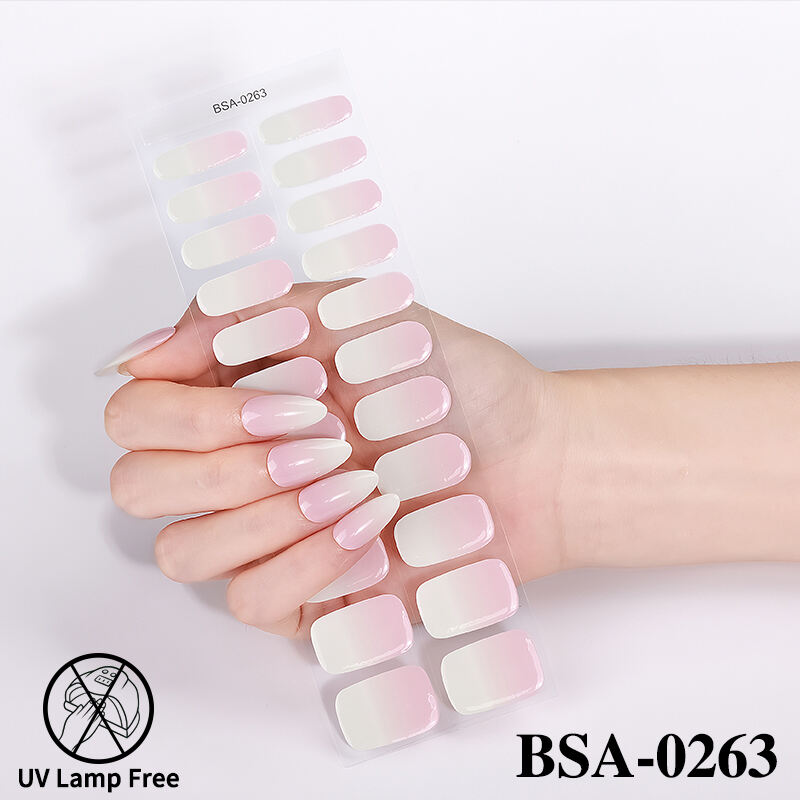 Waterproof HEMA Free No Baking Gel Nail Wraps Pink Gradient Bright Surface Design Autumn Winter UV Lamp Free Gel Nail Stickers