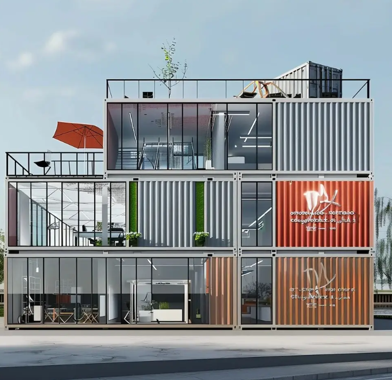 ocelový kontejnerový dům o délce 40 stop s velkým vnitřním prostorem