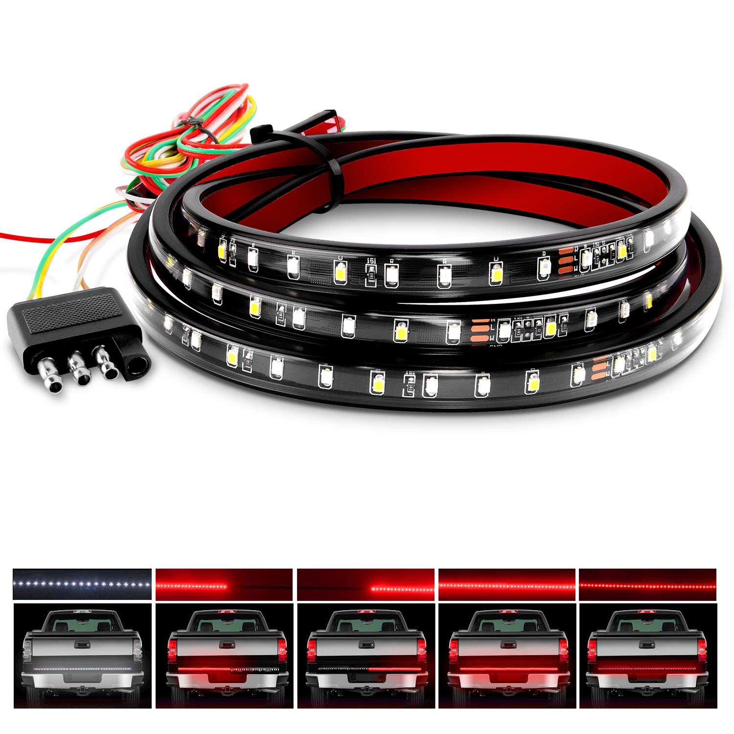 Jedison 60inch Truck Tailgate Light Bar LED Single Row Double Row Triple Row Tailgate Strip Running Brake Lights Turn Signal White Red Yellow Reverse Light