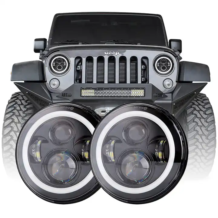 Wrangler JK TJ CJ Hummber uchun 7 dyuymli dumaloq LED faralar H1 H2 Amber Halo burilish signali oq DRL muhrlangan nurli faralar H4-H13 adapteri