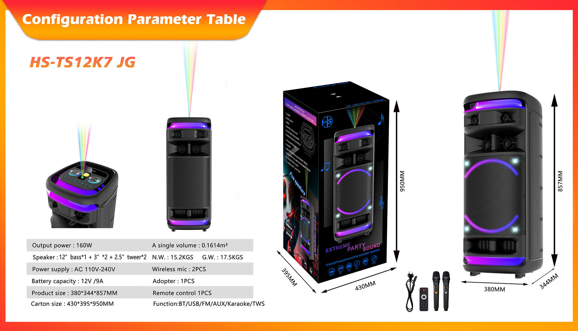 Manufacturer HANSUO Private Mould HS-TS12K7JG Single 12 Inch Woffer and Double 3 Inch Tweeter RGB Light details