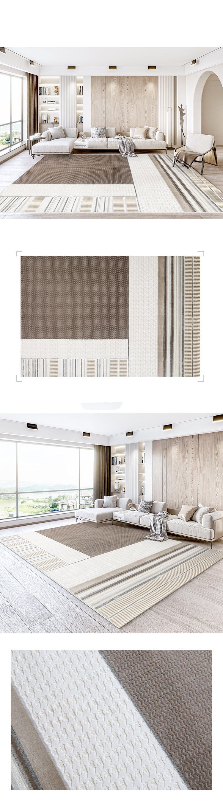 Creamy White and Brown Dining Room Floor Rug - Manufacturer's Luxury Living Room Carpet, Elegant Rug for Home Decor details