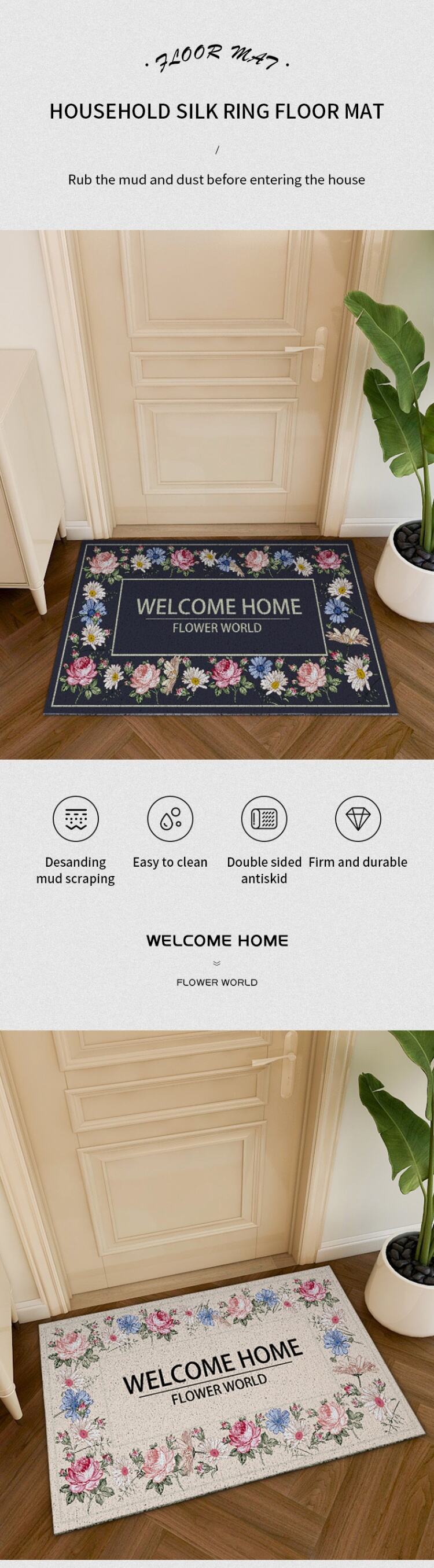 Flower Design Sand-Scraping Dust Door Mat - Non-Slip Entrance Welcome Mat for Hallway and Bath, Durable Rug with Wire Loop factory