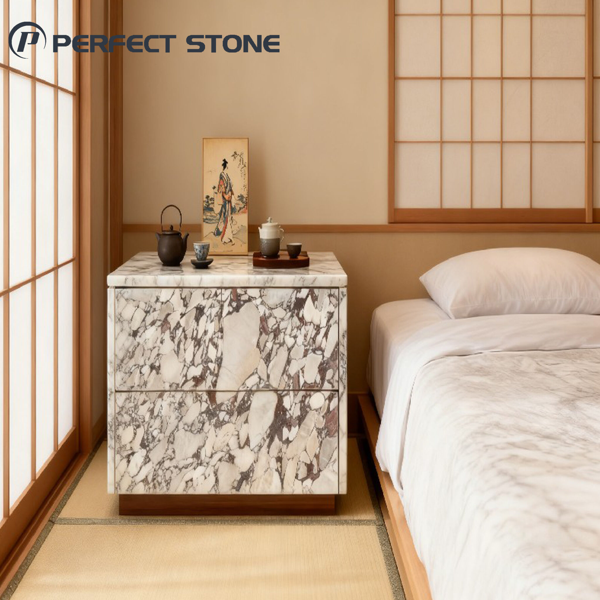 PerfectStone Luxury Calacatta Viola Marble Bedside Table for Modern High-end Villa Hotel Project 