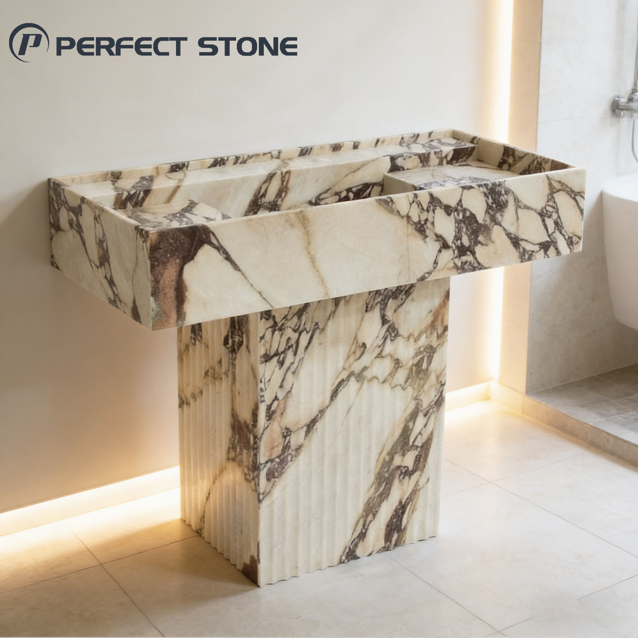 سینک حمام مرمری ایستاده عمومی PerfectStone برای پروژه‌های ویلا و هتل‌های لوکس