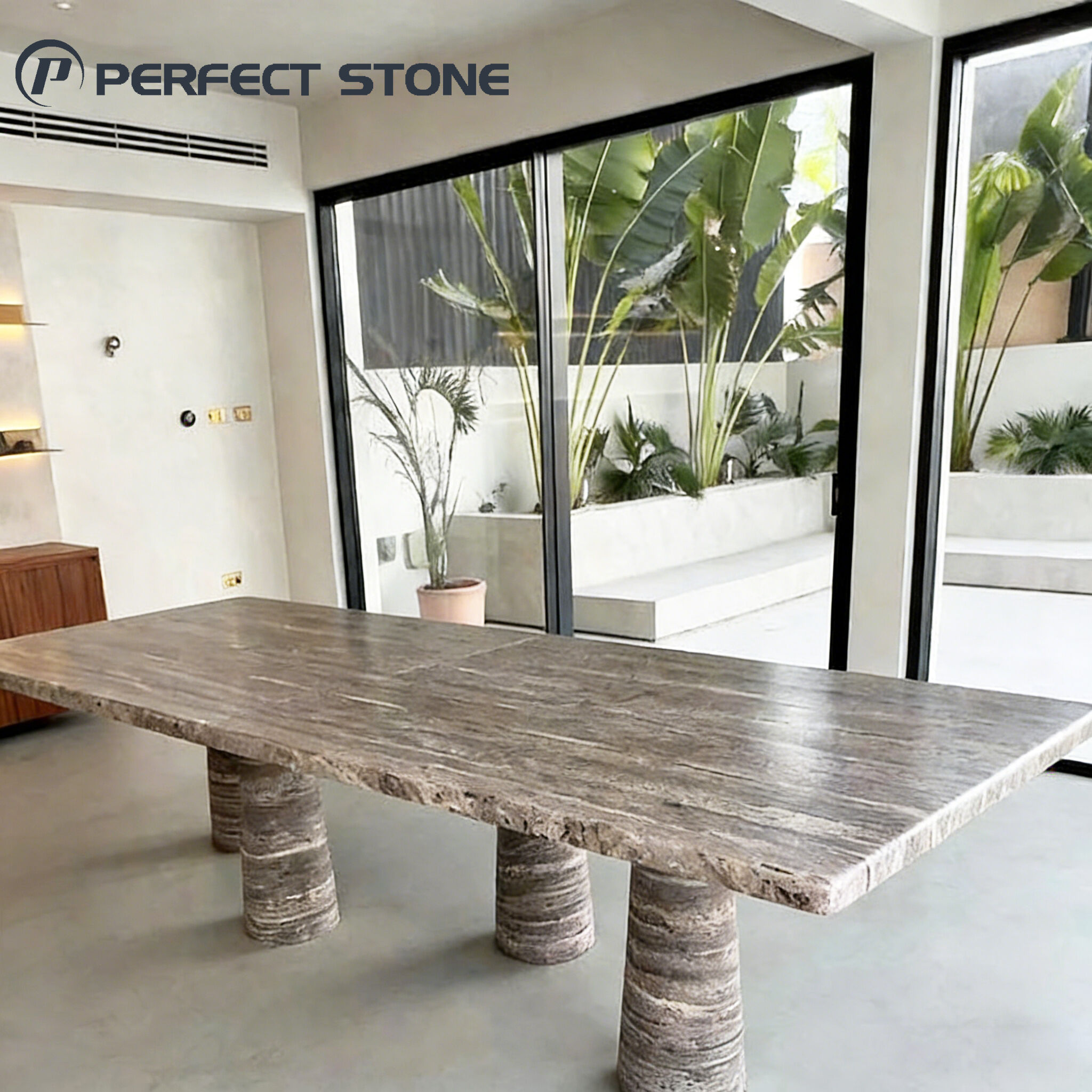 PerfectStone Wholesale Silver Rectangle Travertine Dining Table For High-end Villa Hotel Project