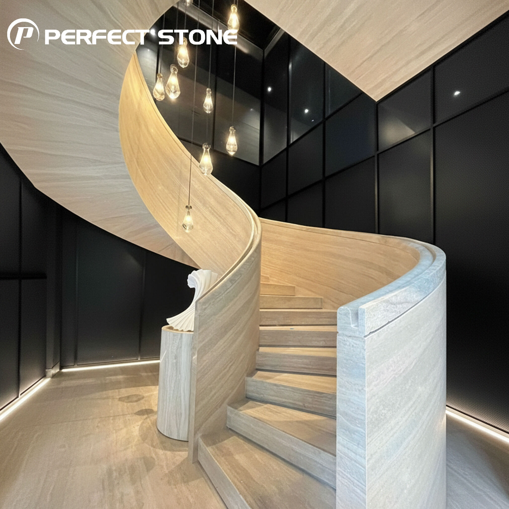 پوشش سنگ تراورتن نقره‌ای فوق‌نازک از برند PerfectStone برای پله‌های چرخان داخلی در ساخت هتل و ویلا