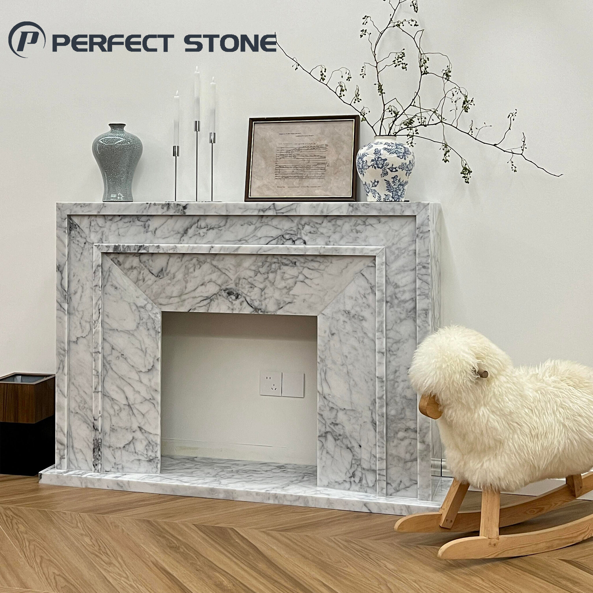 شومینه لوکس سفارشی PerfectStone از مرمر کارارا سفید برای ساخت ویلاها و هتل‌های لوکس