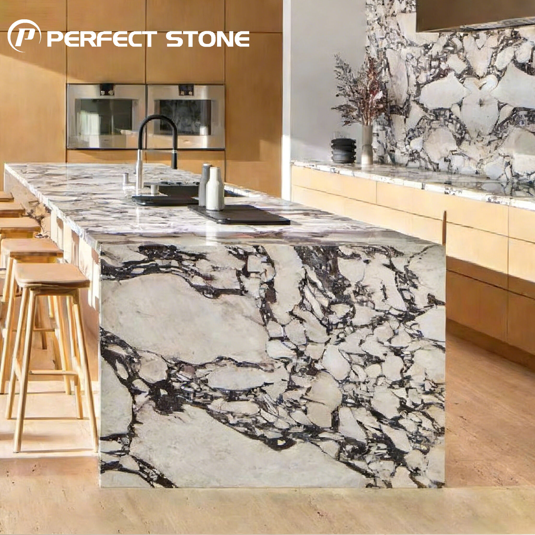 جزیره آشپزخانه از مرمر طبیعی کالاکاتا ویولا برند PerfectStone برای پروژه‌های ویلا و هتل‌های لوکس