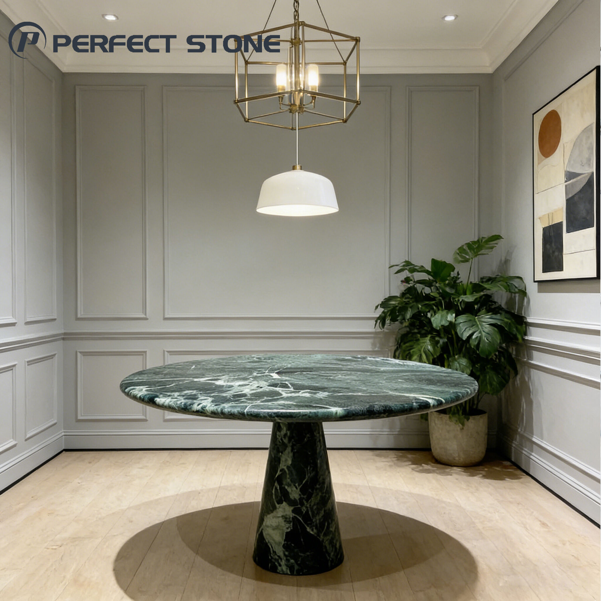 میز غذاخوری گرد از مرمر طبیعی سبز برند PerfectStone برای ساخت ویلا و هتل‌های لوکس