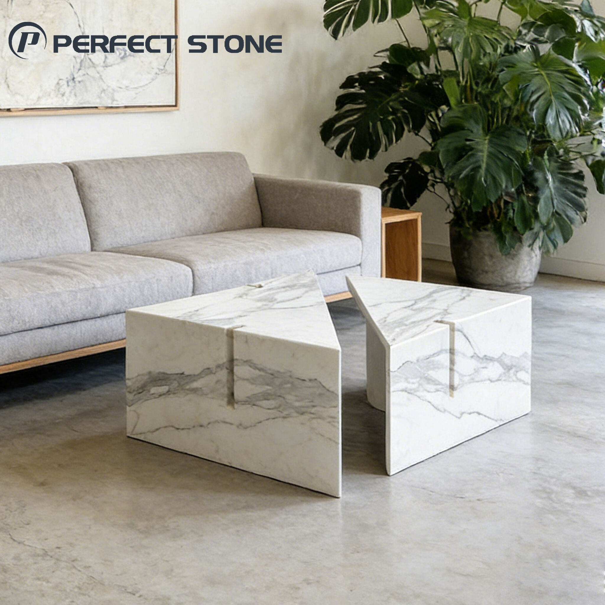 مجموعه میز قهوه لوکس طبیعی از مرمر کالاکاتا سفید برند PerfectStone برای اتاق نشیمن