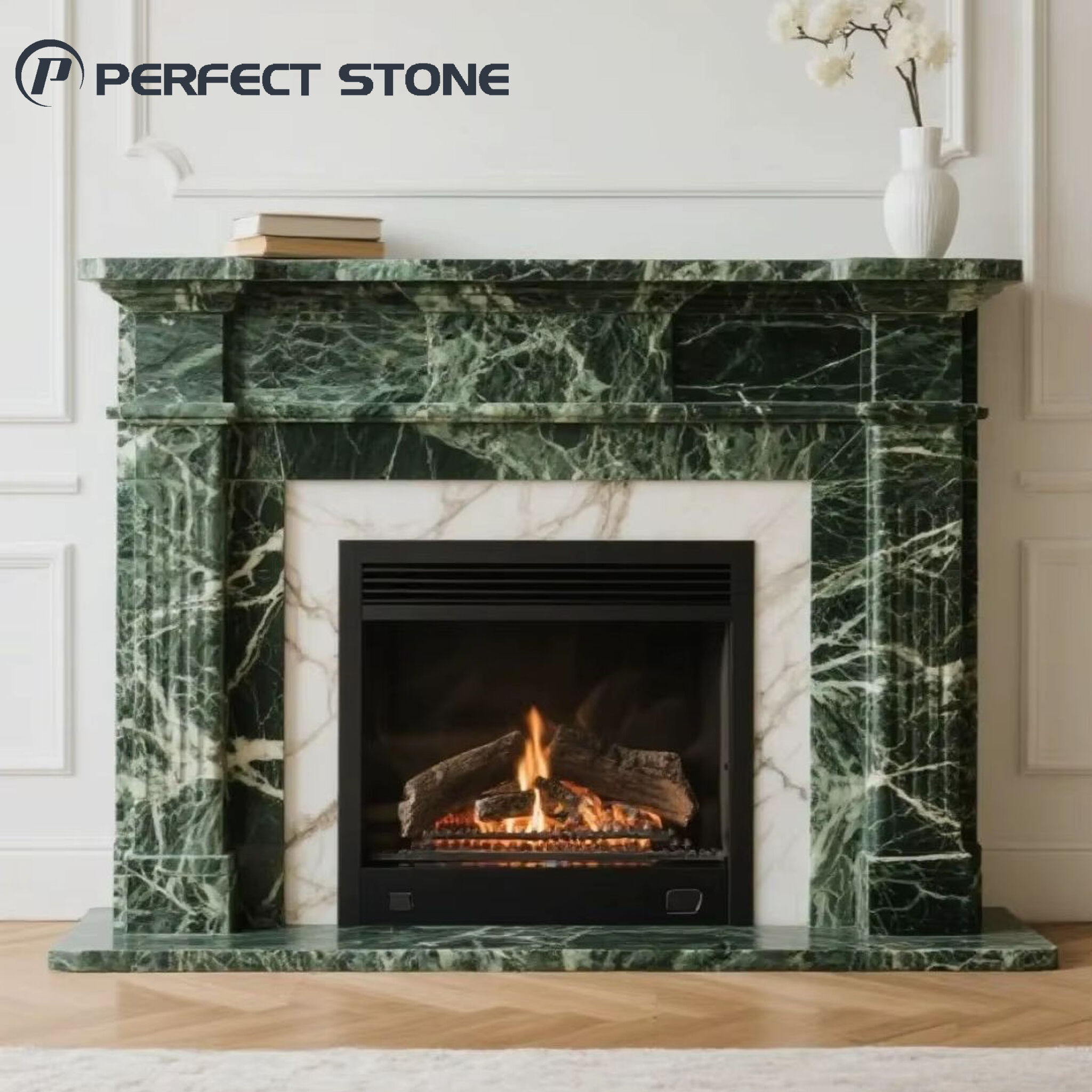PerfectStone Natural Luxury Emerald Green Marble Fireplace for High-end Villa Hotel Project