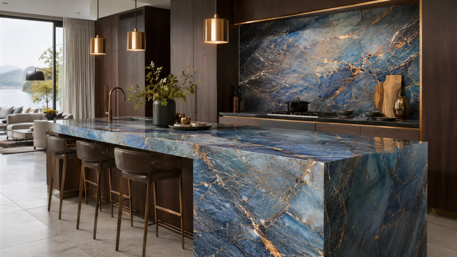 Cuarcita Blue Roma: Ingeniería del lujo con vetas de cobre y cian