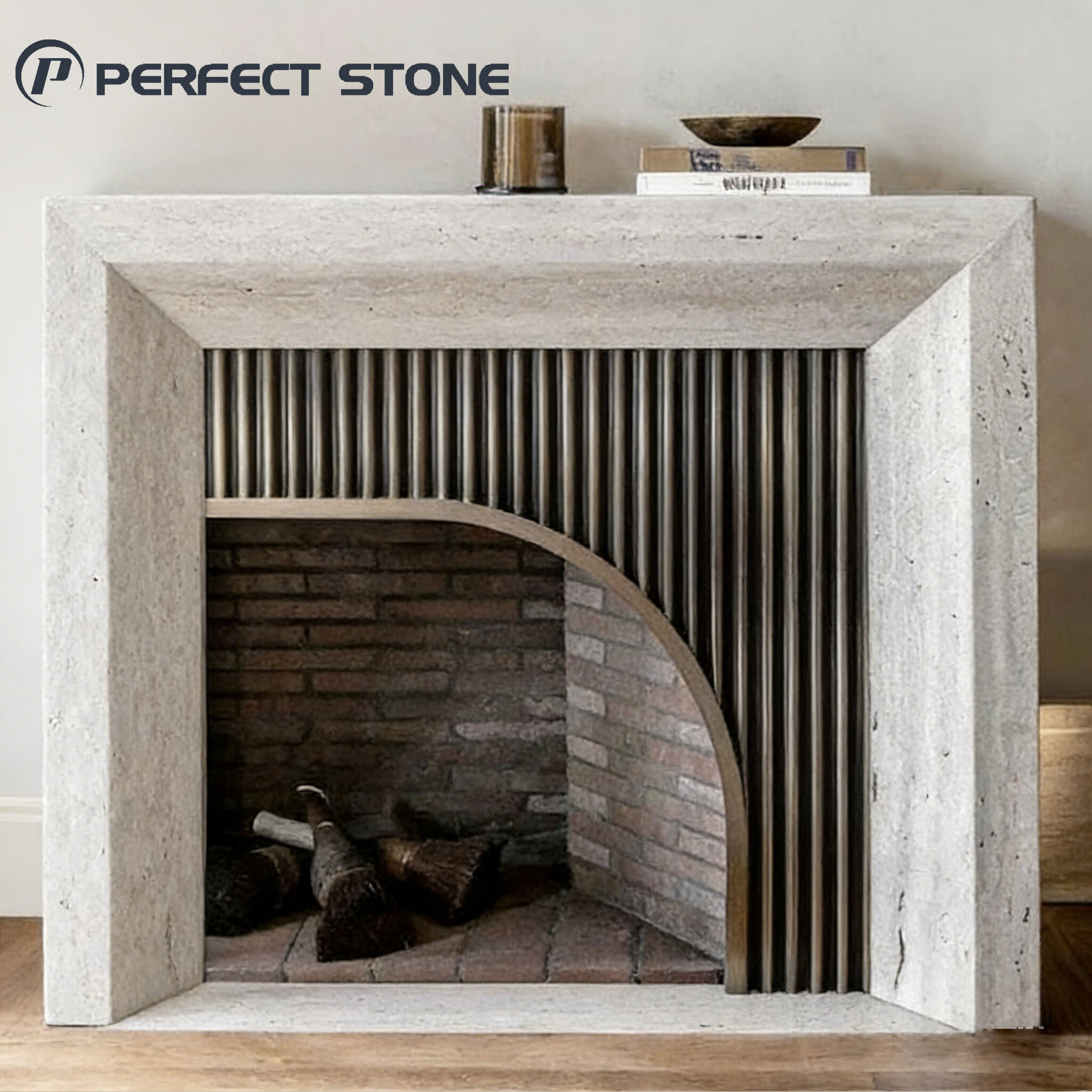 PerfectStone Wholesale 100% Natural Silver Travertine Fireplace for High-end Villa Hotel Construction