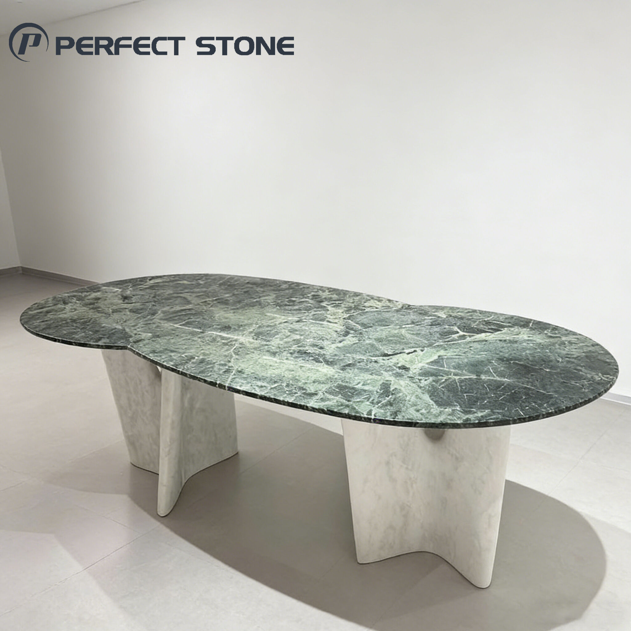 PerfectStone Green Marble Dining Table With White Marble Legs For High-end Villa Hotel Project