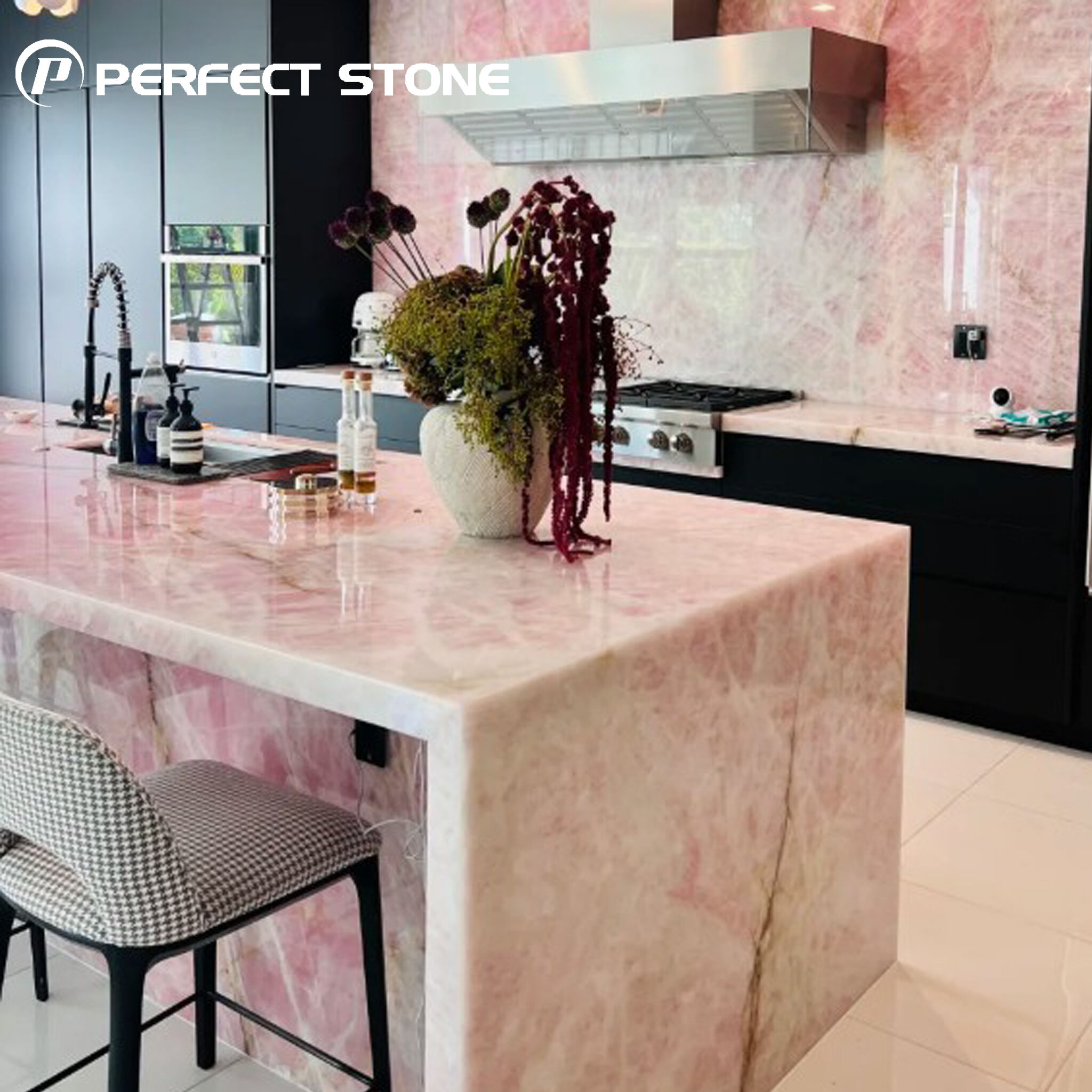 PerfectStone 100% Natural Translucent Pink Onyx Island for High-end Villa Hotel Project