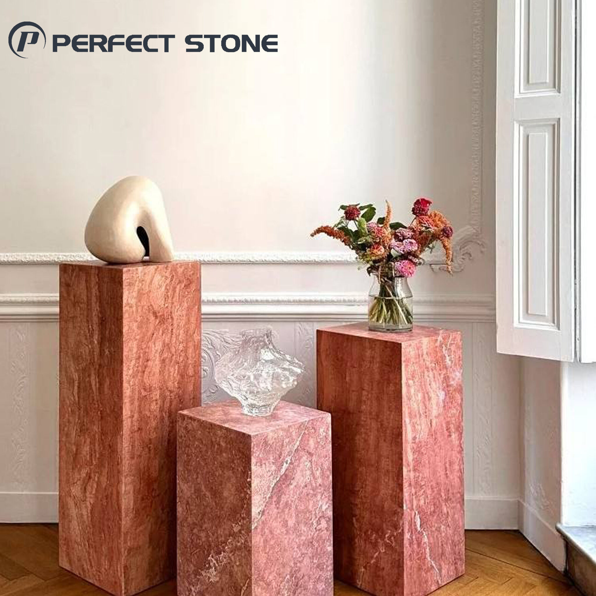 Perfectstone Natural Red and Beige Travertine Bedside Table – Luxury Stone Side Table for Luxury Living