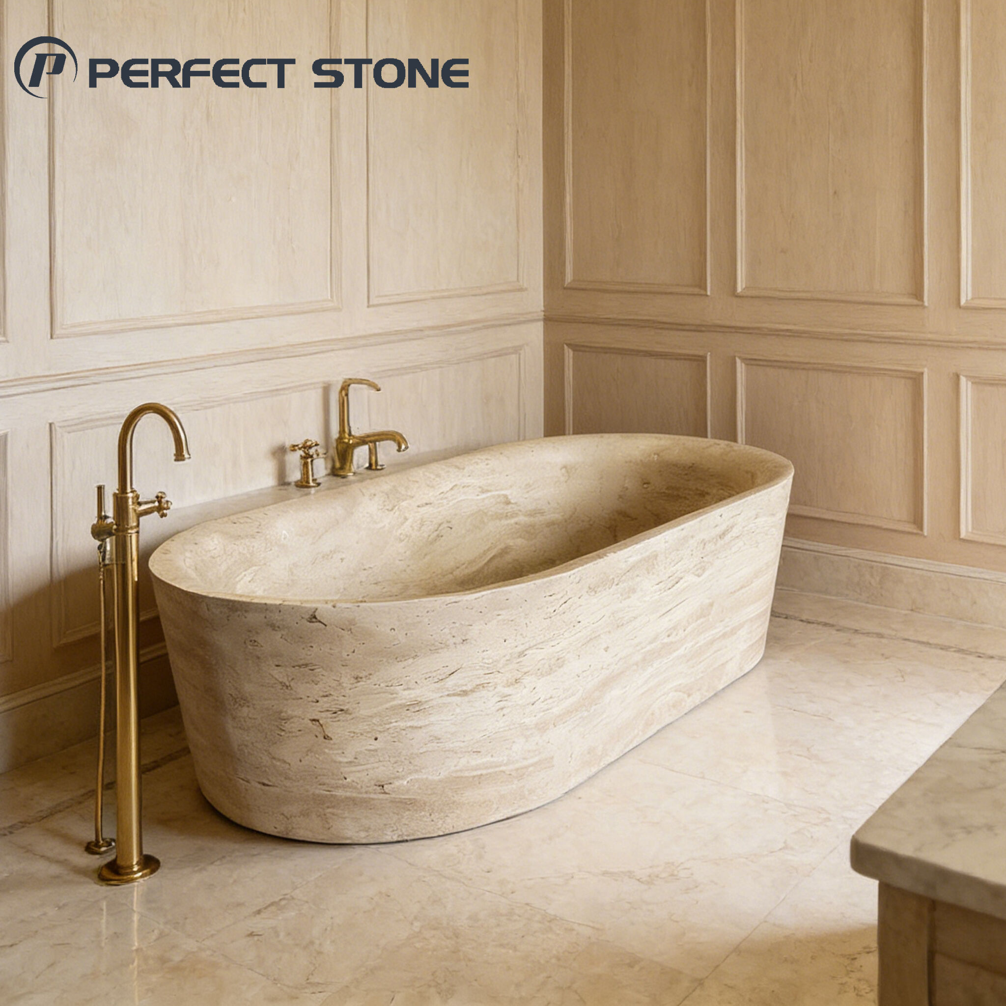 حمام طبیعی از مرمر تراورتن لوکس با سبک سازگان‌باپایدار برند PerfectStone برای پروژه‌های هتل و وانیتی