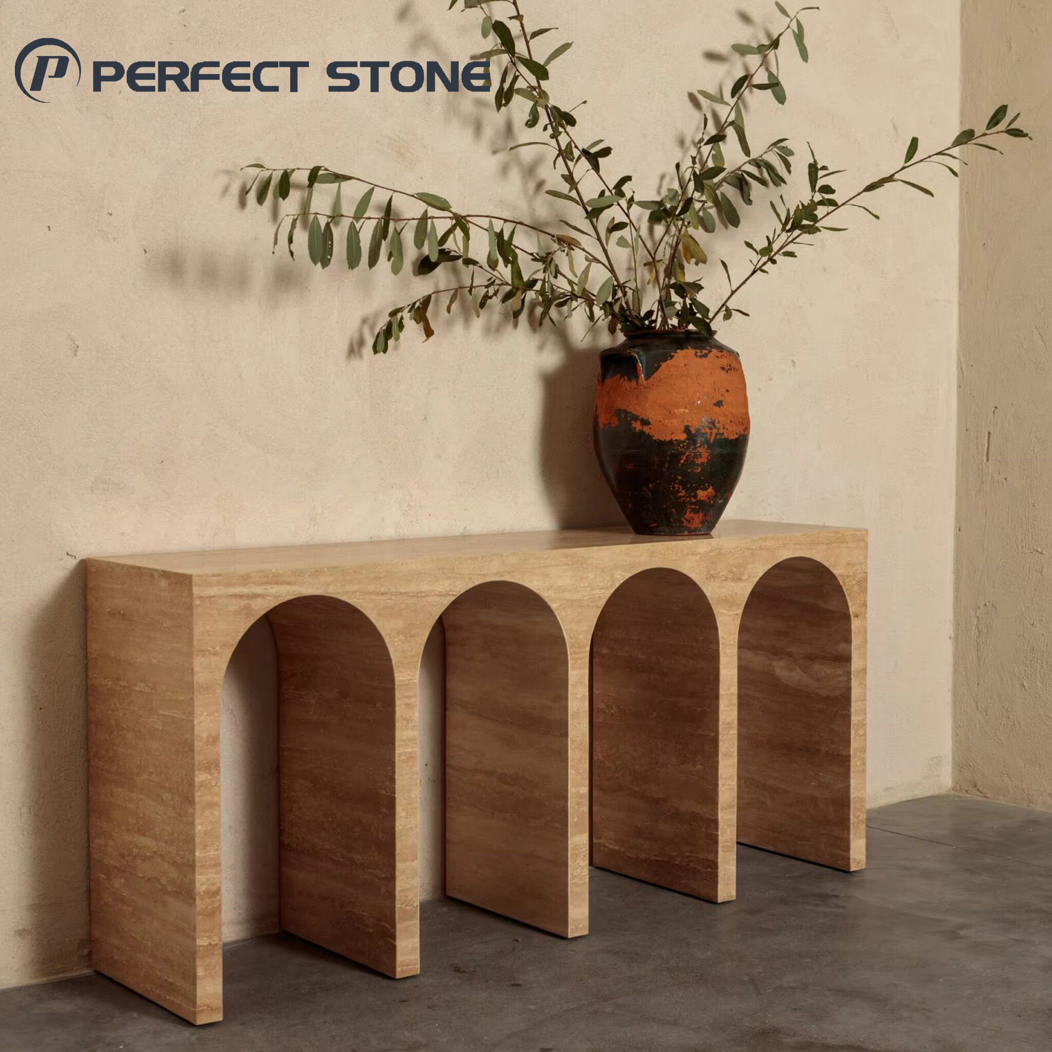 میز کنسول طبیعی تراورتنِ نارو (باریک) برند PerfectStone، قابل قرارگیری پشت مبل و در برابر دیوار