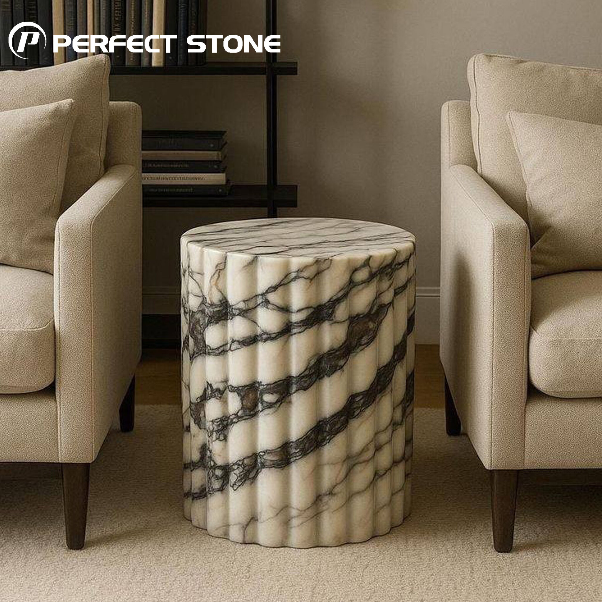 PerfectStone Luxury Sculptural Arabescato Fluted Marble Side Table for Living Rooms and Luxury Villa Hotel Project