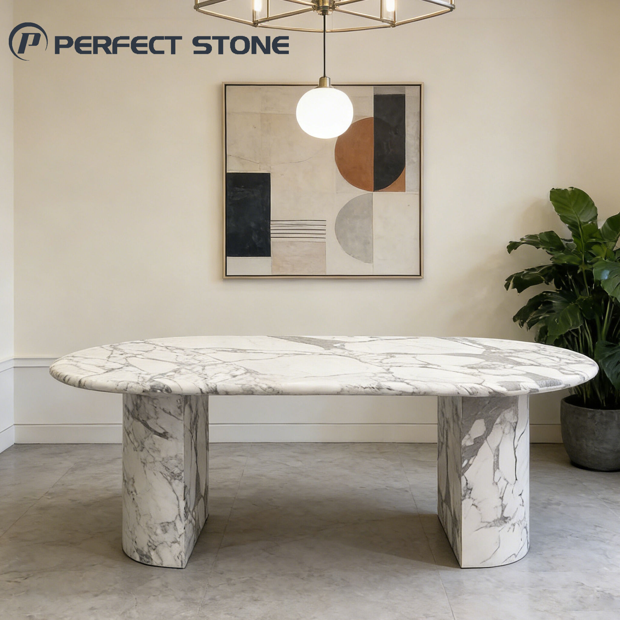 میز غذاخوری بیضی‌شکل لوکس سفید عربسکاتوی PerfectStone برای پروژه‌های مسکونی باکیفیت بالا و مبلمان مدرن اتاق غذاخوری با سنگ طبیعی