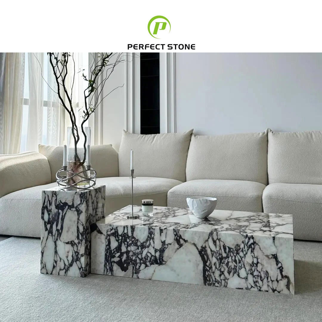 Mesa de Centro Retangular com Base de Mármore Calacatta Viola