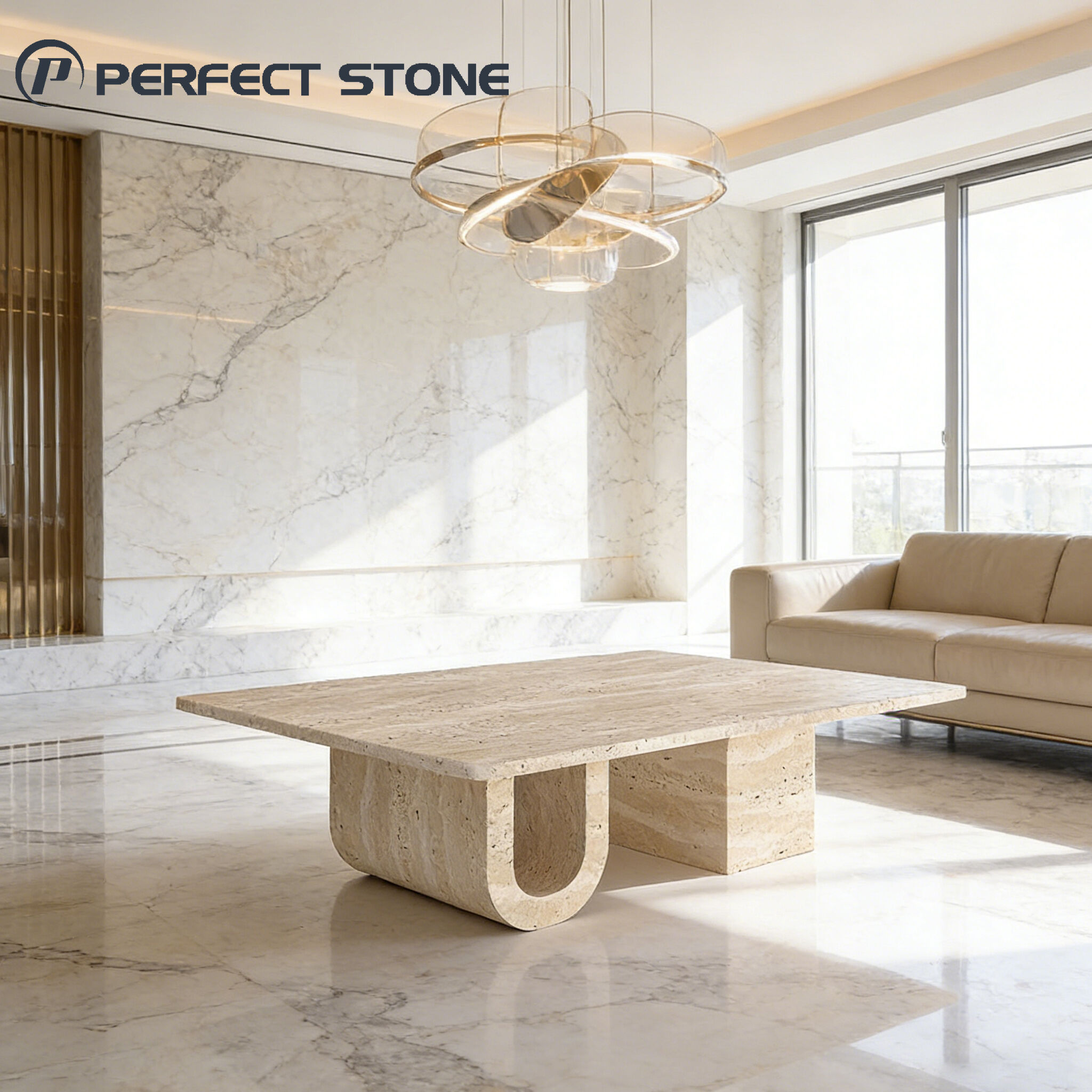 طاولة قهوة فاخرة مخصصة من الحجر باللون البيج من الترافرتين للبيع