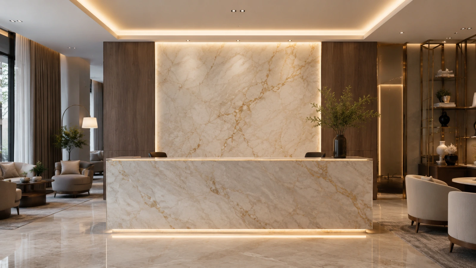 Taj Mahal Quartzite reception counter and feature wall in a luxury hotel lobby interior