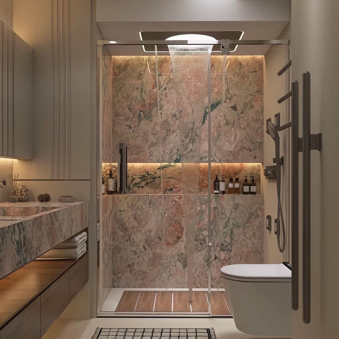 custom four season pink quartzite bathroom wall.jpg