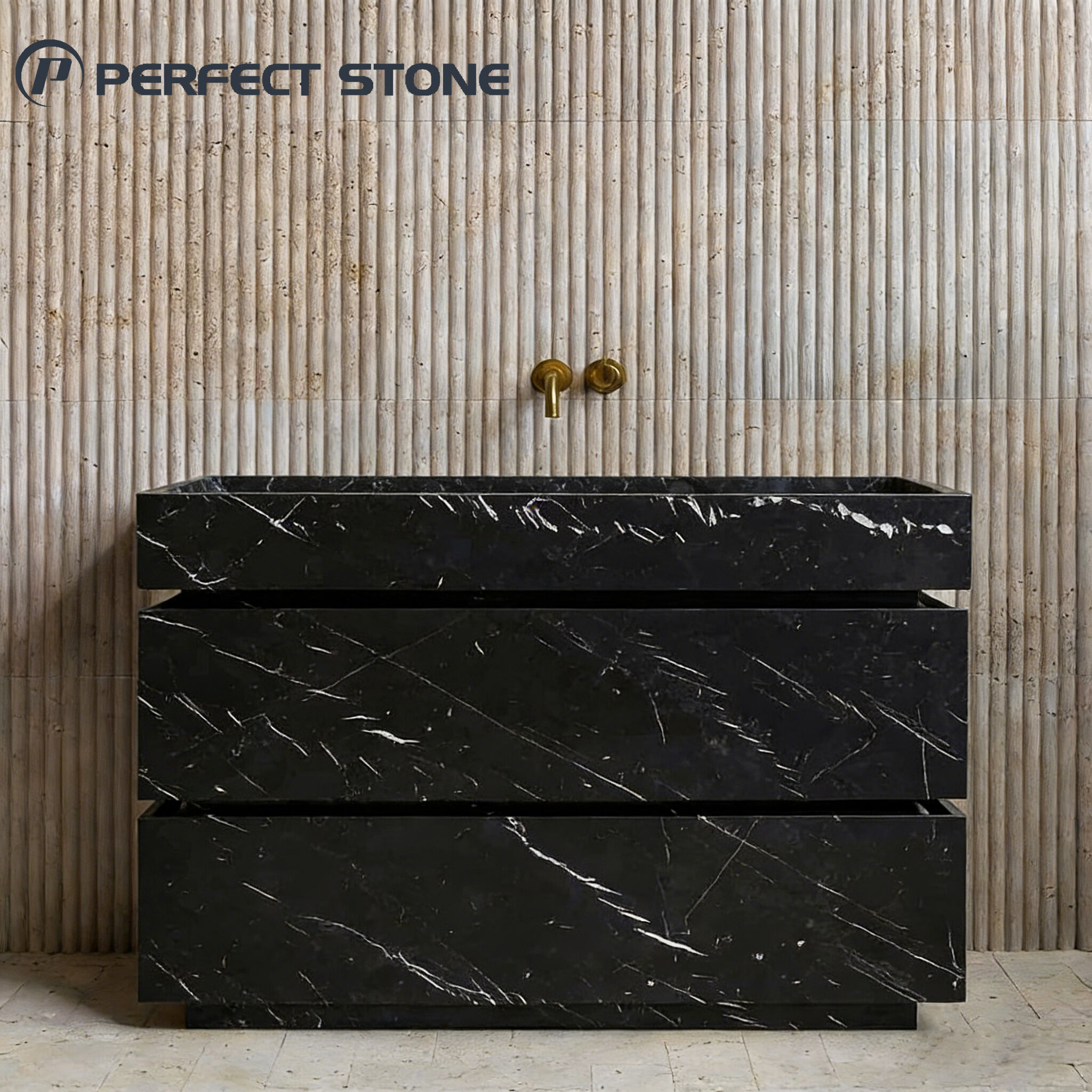 Perfectstone Nero Marquina Marble Bathroom Vanity with Cabinet and Sink for High-end Construction Project