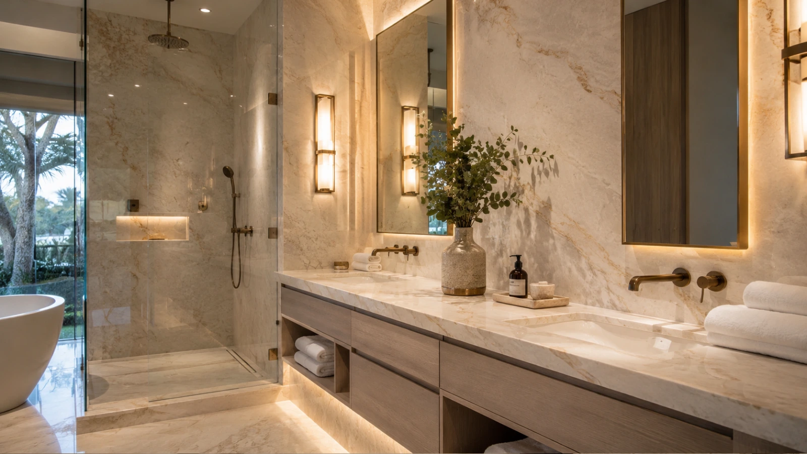 Taj Mahal Quartzite bathroom vanity and wall panels in a warm luxury spa-like interior