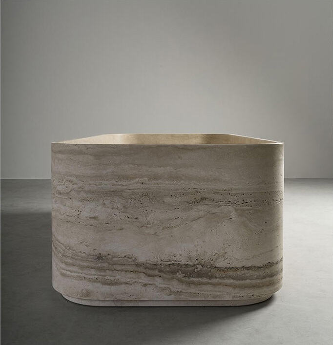 طراحی حمام طبیعی از سنگ تراورتن نقره‌ای لوکس برند PerfectStone برای پروژه‌های داخلی، عرضه عمده