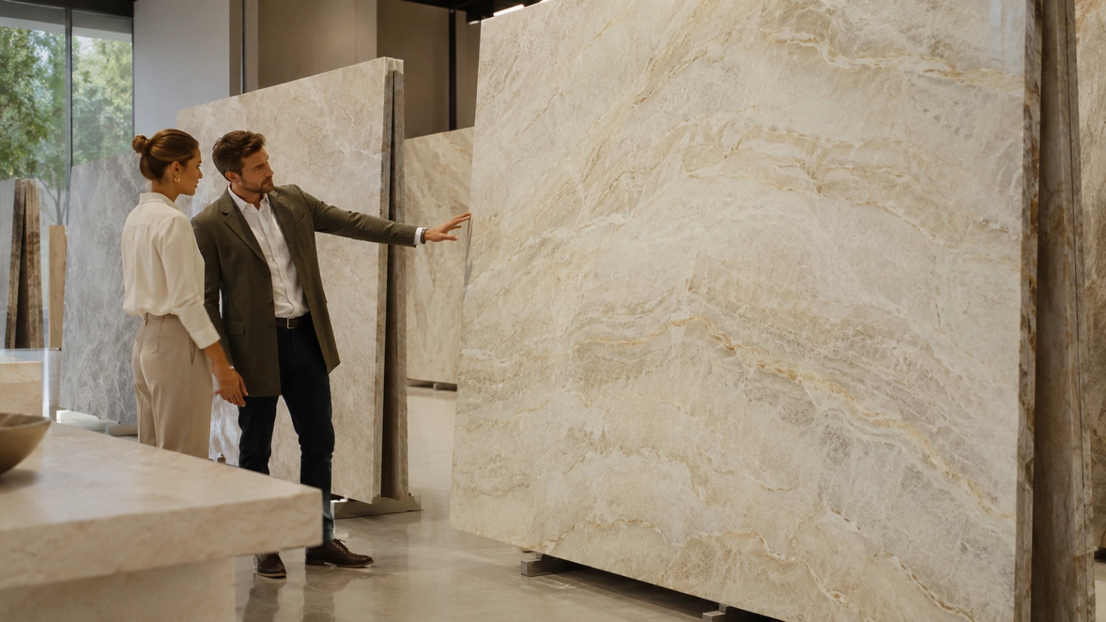 Architects reviewing Taj Mahal Quartzite slabs in a stone showroom for high-end project sourcing
