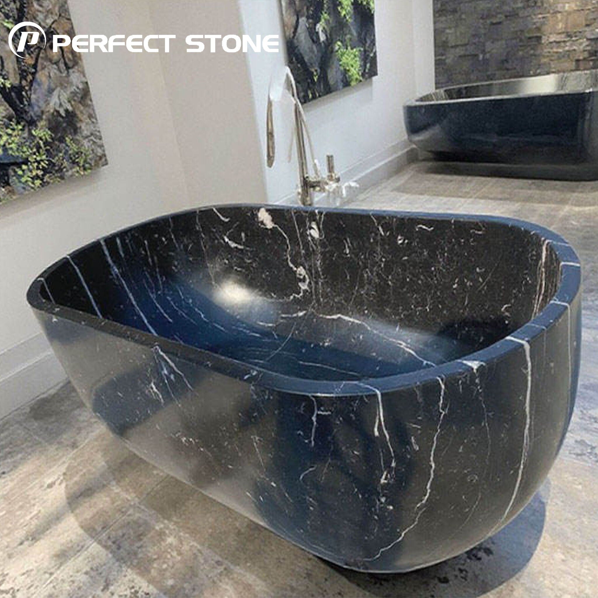 وان ایستاده آزاد از مرمر طبیعی نِرو مارکینا سیاه PerfectStone و لوازم جانبی آن برای حمام مدرن و لوکس