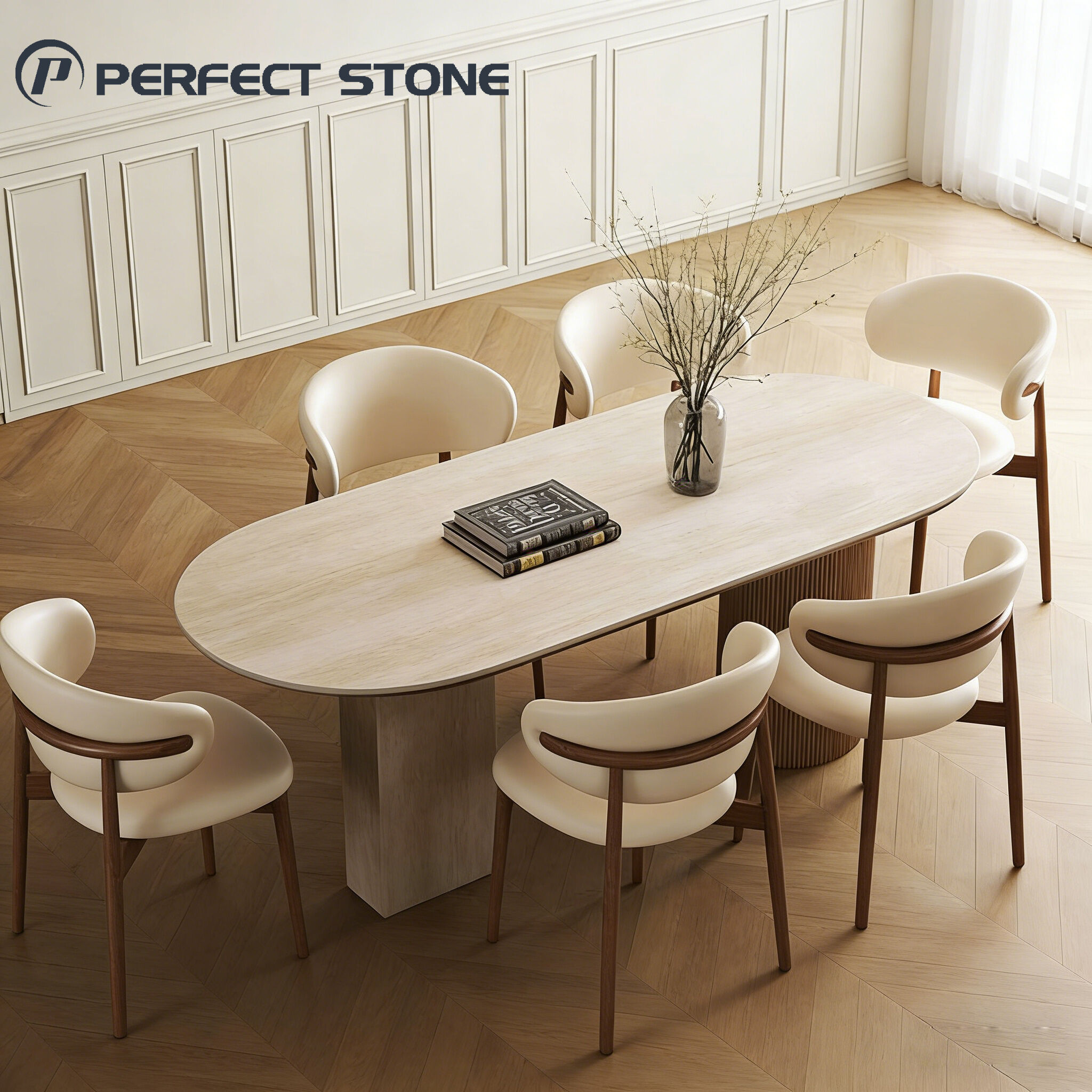 طاولة طعام بيضاوية من الرخام الطبيعي المخصص حسب الطلب، مصنوعة من الترافرتين