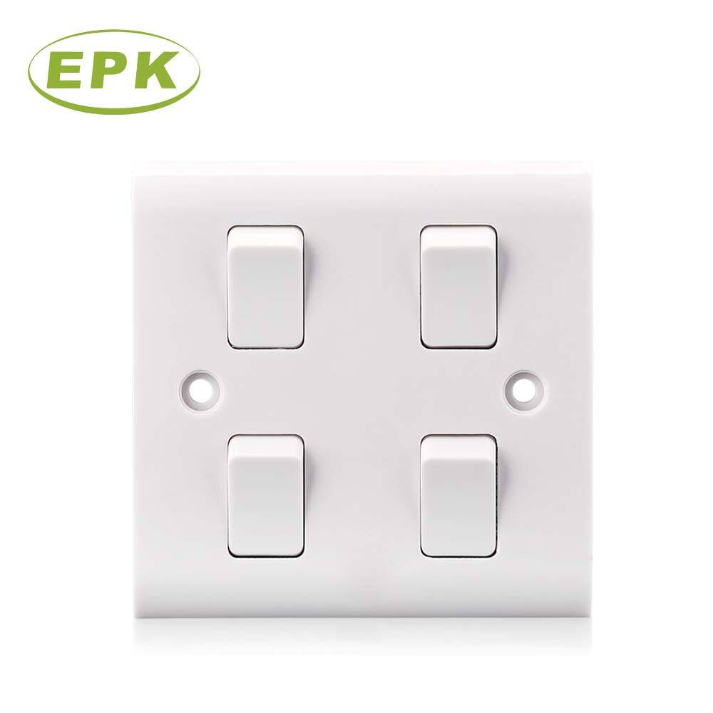 High-Capacity White Bakelite 4 Gangs 1 Way Light Switch (Model 2541) | 86mm x 86mm x 17.8mm | 10A 250V | BS/IEC 60669 Certified Wall Switch for Multi-Zone Residential and Commercial Lighting Control