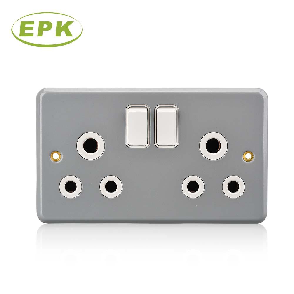3915SD Industrial Metal Clad 15A Double Switched Sockets Grey Surface Mounted Twin Wall Socket BS 546 Standard Compliance Durable Stainless Steel and PC Panel Copper Internal Terminals Heavy Duty Power Outlet for Garage Workshop Factory