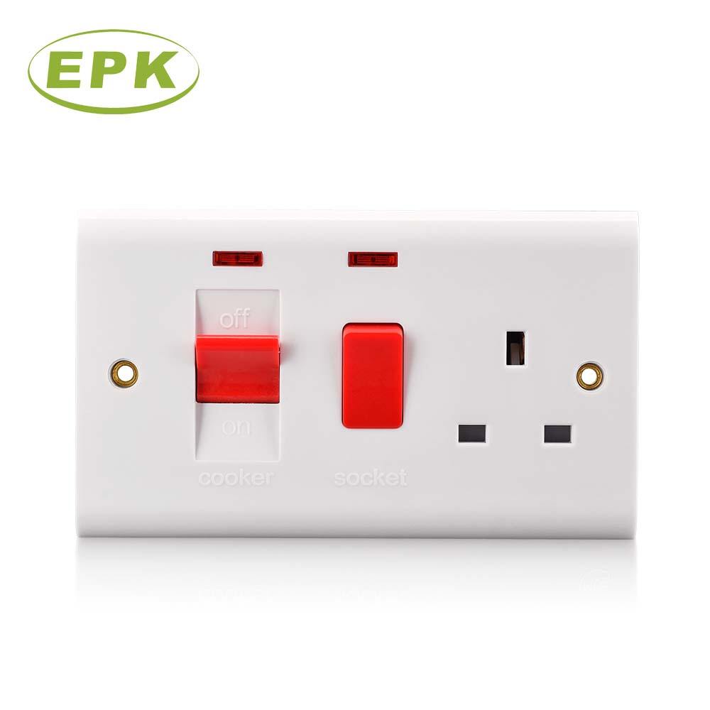 Premium White Bakelite 45A Double Pole Cooker Control Unit with 13A Switched Socket and Neon Indicators (Model 2548L) | 86mm x 146mm | 250V | BS 4177 Certified Cooker Switch Isolator for Kitchen Appliances