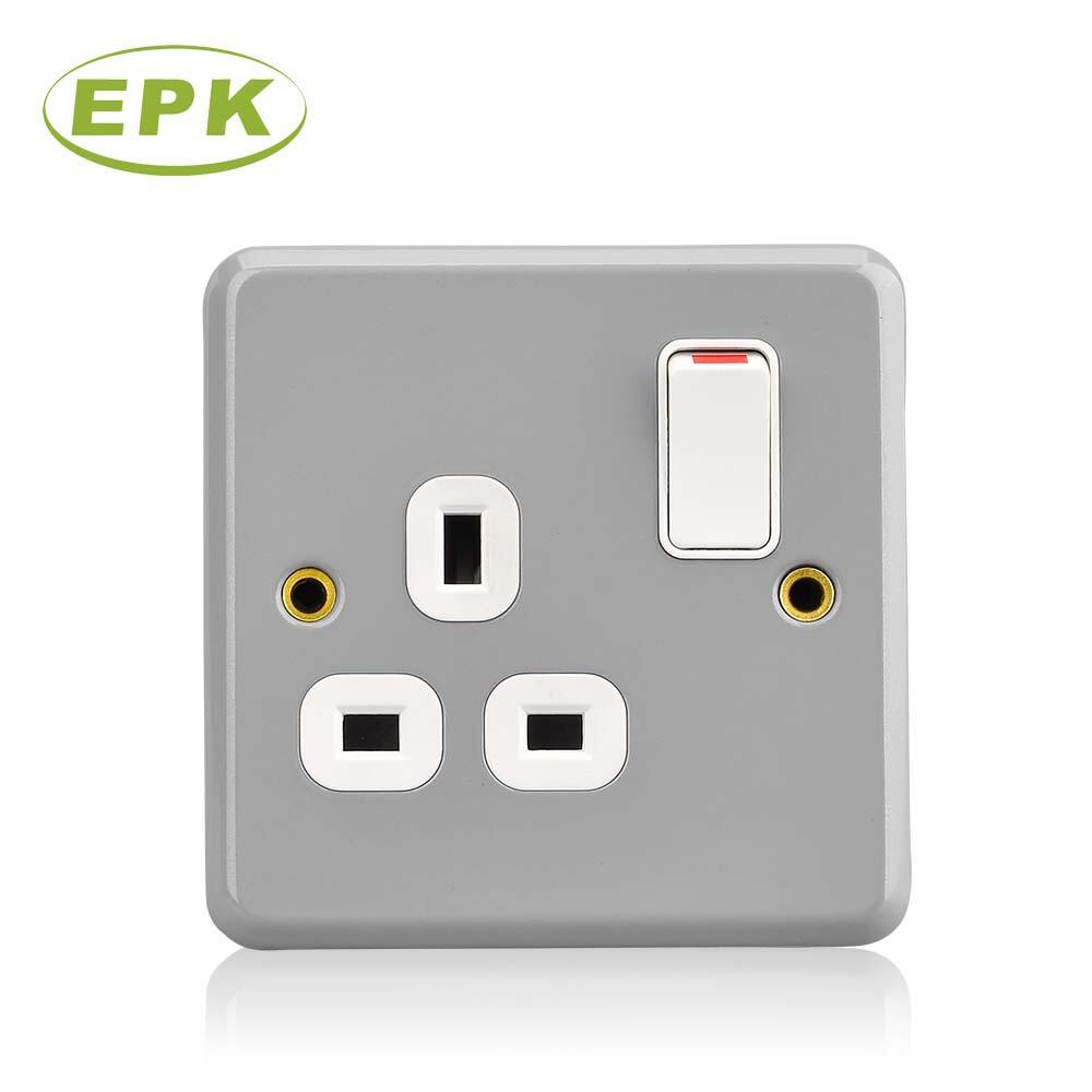 EPK Model 3913S Metal Clad 13A Switched Socket with Neon Indicator, 250V Surface Mounted British Standard Electrical Outlet, Heavy Duty Industrial Grey Stainless Steel & PC Panel, 86mm x 86mm x 46.3mm Durable Power Socket