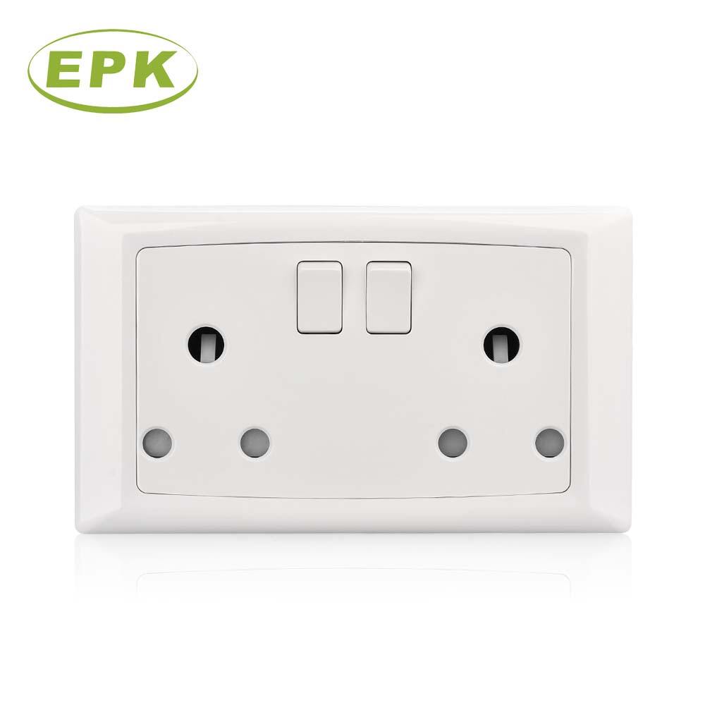 Professional 2 Gang 15A Switched Socket Outlet (Double) | 220-250V BS 546 & IEC 60884 Compliant Wall Socket | High-Durability White PC Panel and Copper Terminals | Model 8615SD Alpha Series
