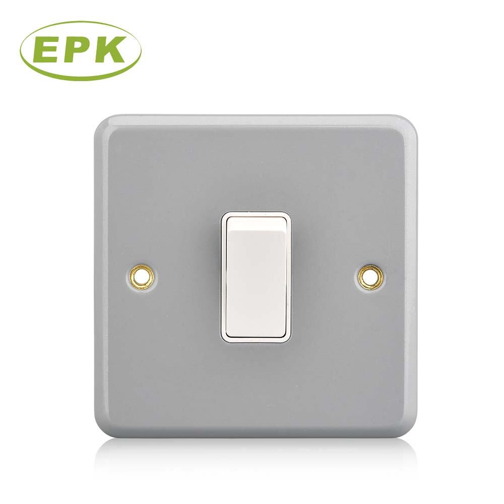 EPK Model 3012 Metal Clad 1 Gang 2 Way Light Switch, 10A 250V Surface Mounted Electrical Wall Switch, Heavy Duty Grey Stainless Steel & PC Panel with Durable Nylon Bottom, 86mm x 86mm x 46.3mm Industrial Grade Power Control Switch