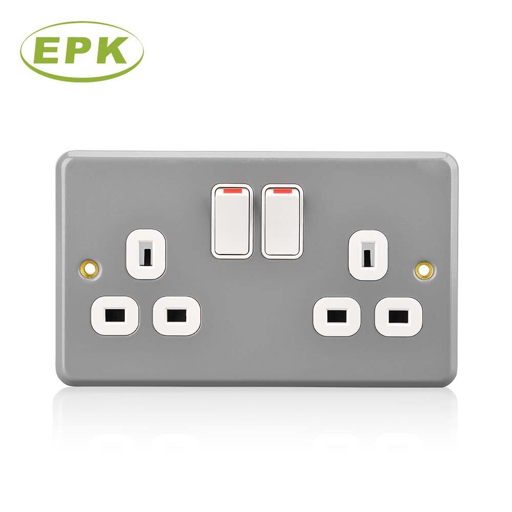 3913SD Industrial Heavy Duty Metal Clad 13A Double Switched Sockets Grey Surface Mounted Twin Wall Socket BS 1363 Standard Compliance Durable Stainless Steel and PC Panel Copper Terminals 2 Gang Power Outlet for Garage Workshop Commercial Factory